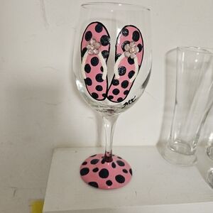 Pink Polka Dot Flip Flops Wine Glass